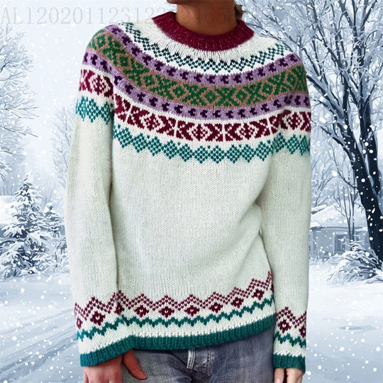 Damen nan melierter Rundhalsausschnittpullover mit kreisförmigem Jacquard-Yoke und geripptem Saum Shop Nory