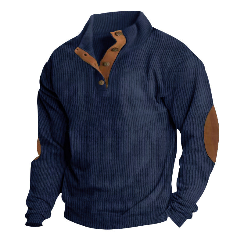 Herren nan gerippter Pullover mit Henley-Kragen und Leder-Ellbogenpatches Shop Nory