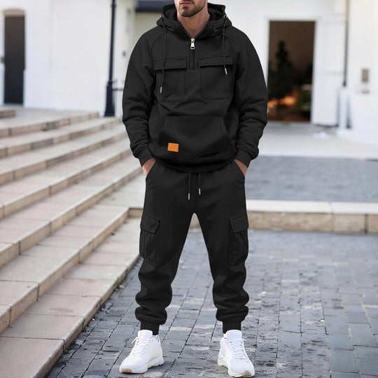 Herren technischer Oversize-Hoodie mit Halbzip, Kapuze, Kängurutasche und aufgesetzten Utility-Taschen Shop Nory