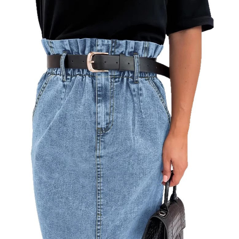 Damen Hochtaillierter Paperbag-Denim-Midirock mit Frontschlitz und Bindegürtel Shop Nory