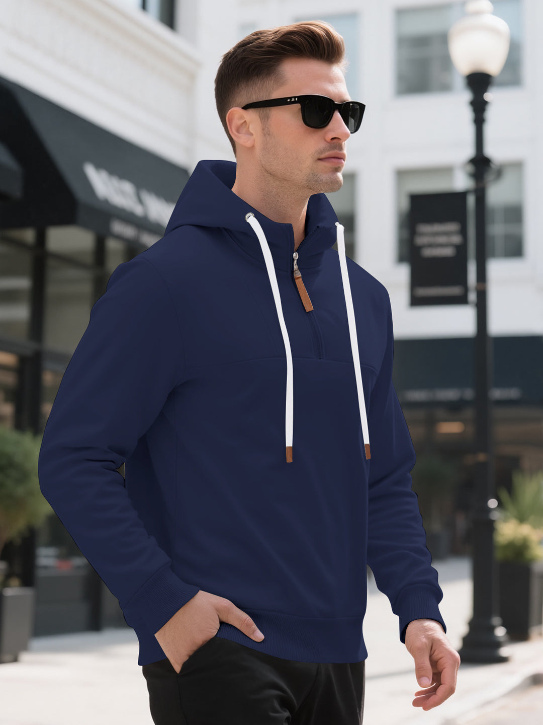 Herren Halbzip-Kapuzenpullover mit Stehkragen, Kordelzug und Lederdetails Shop Nory