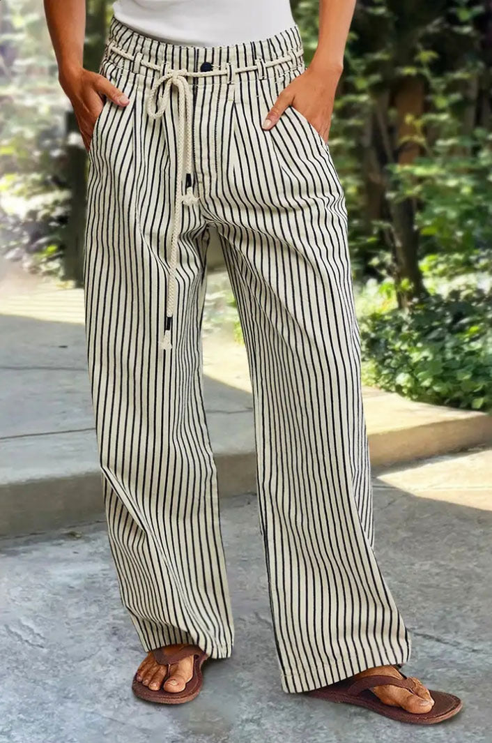 Damen Leichte Leinenoptik Palazzo‑Hose mit Gummibund, Kordelzug und senkrechtem Streifenmuster Shop Nory