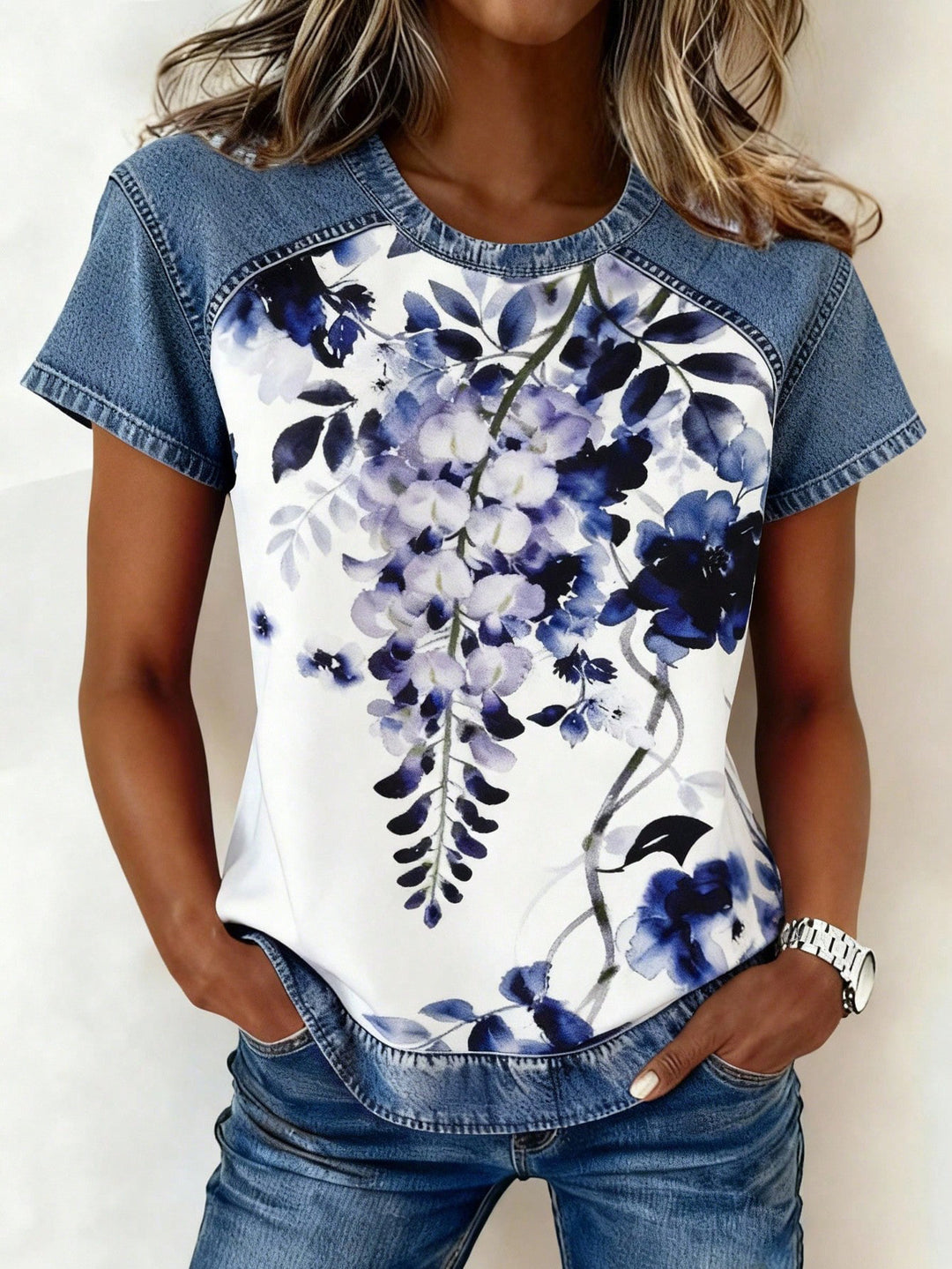Damen Kurzarmshirt mit Jeans-Einsätzen und Teddy-Patchprint Shop Nory
