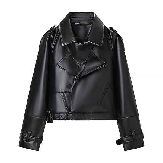 Damen Kurz geschnittene Bikerjacke aus Lederoptik mit asymmetrischer Reversklappe und Taillenriegel Shop Nory