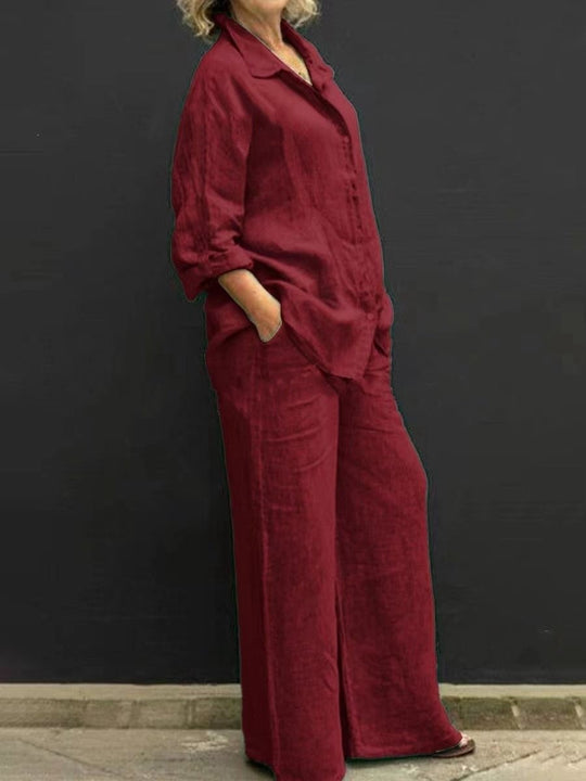 Damen Leichtes Leinen-Loungewear-Set mit Oversized-Hemd und weiter Palazzo-Hose Shop Nory