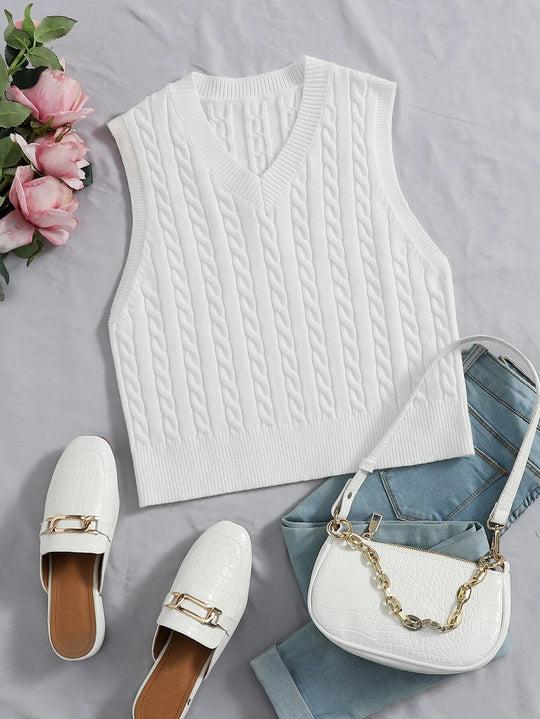 Damen Klassische Zopfmuster-Strickweste mit schmaler Passform und V-Ausschnitt Shop Nory