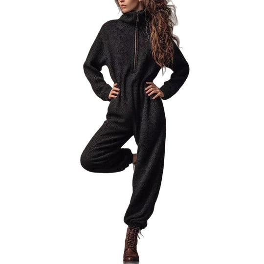 Damen Bouclé-Einteiler mit halbem Reißverschluss, Taillengürtel und weitem Bein Shop Nory