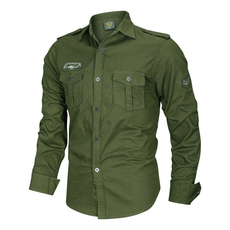 Herren Militärisches Baumwollhemd mit Schulterklappen, Pattentaschen und Stickpatches Shop Nory