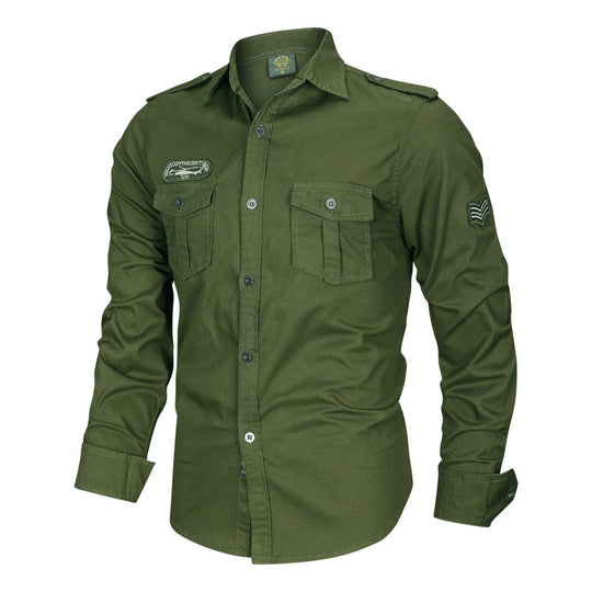 Herren Militärisches Baumwollhemd mit Schulterklappen, Pattentaschen und Stickpatches Shop Nory