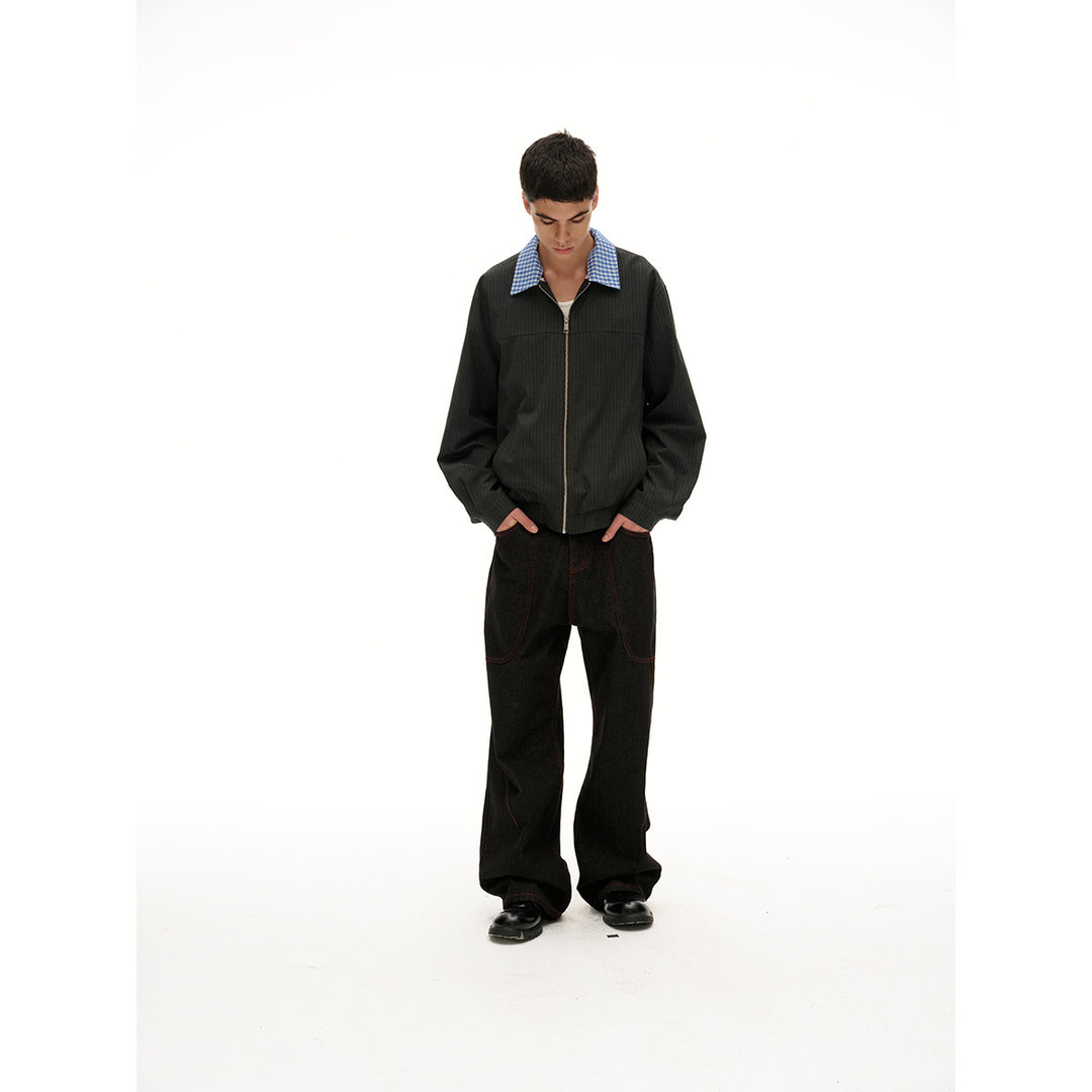 Unisex Kurz geschnittene Nadelstreifen‑Blousonjacke mit kontrastierendem Hemdkragen und durchgehendem Reißverschluss Shop Nory