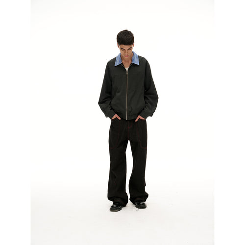 Unisex Kurz geschnittene Nadelstreifen‑Blousonjacke mit kontrastierendem Hemdkragen und durchgehendem Reißverschluss Shop Nory