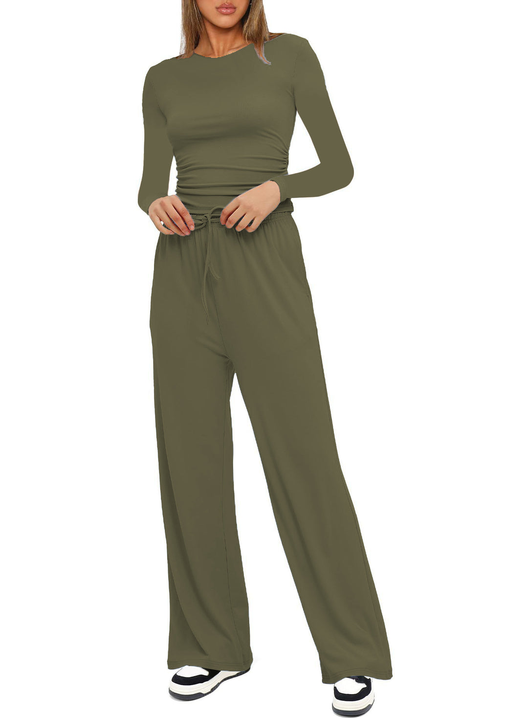 Damen Figurbetontes Longsleeve mit seitlicher Raffung und High-Waist Palazzo-Jogginghose Set Shop Nory
