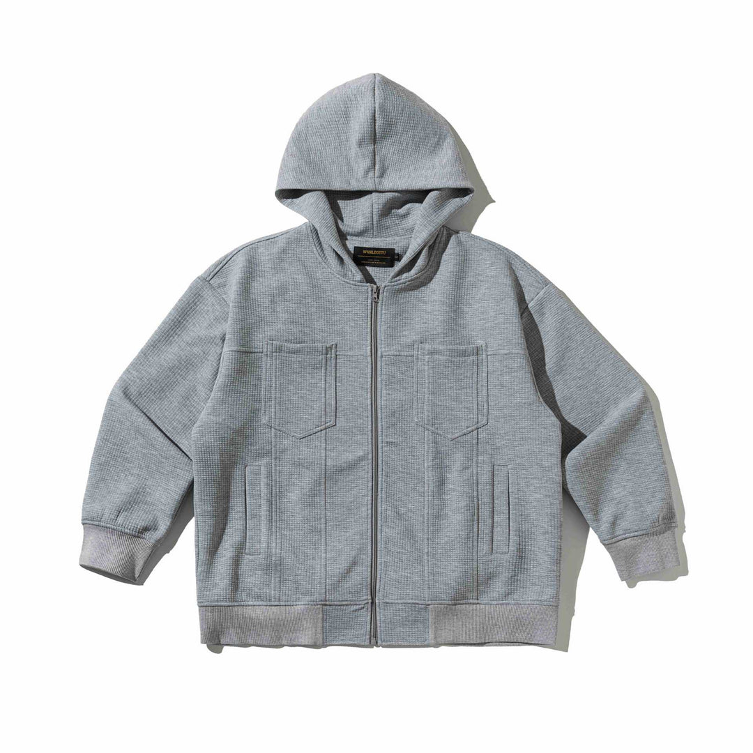 Unisex Texturierte Kapuzenzipjacke mit Waffelstruktur und Fronttaschen Shop Nory