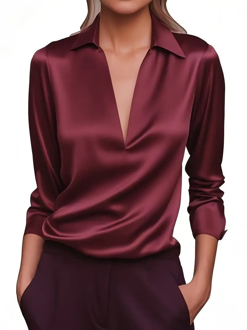 Damen Seidiges Satin-Blusenshirt mit tiefem V‑Ausschnitt und Hemdkragen Shop Nory