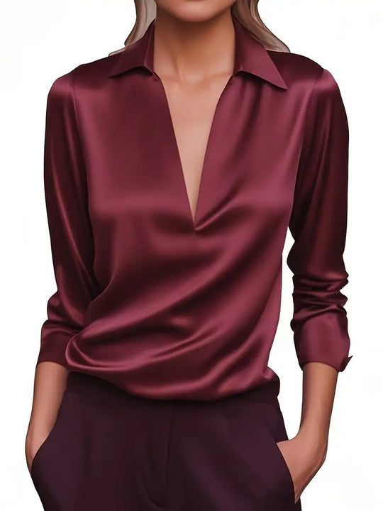 Damen Seidiges Satin-Blusenshirt mit tiefem V‑Ausschnitt und Hemdkragen Shop Nory