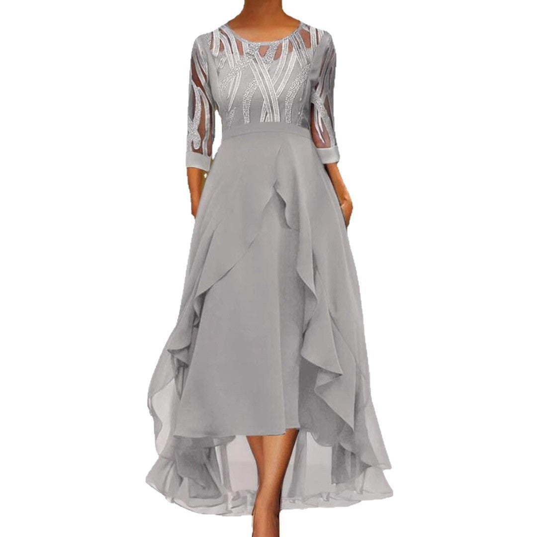 Damen nan edles Chiffon-Abendkleid mit besticktem Tülloberteil, Dreiviertelärmeln und asymmetrischem Stufen-Saum Shopnory