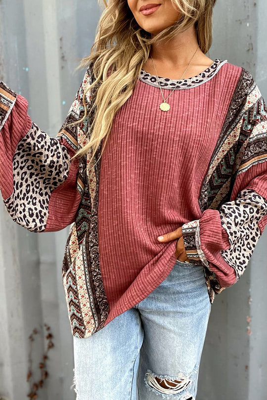 Damen Lässiges Patchwork-Longsleeve mit Rippenstruktur, Leoparden- und Boho-Print Shop Nory