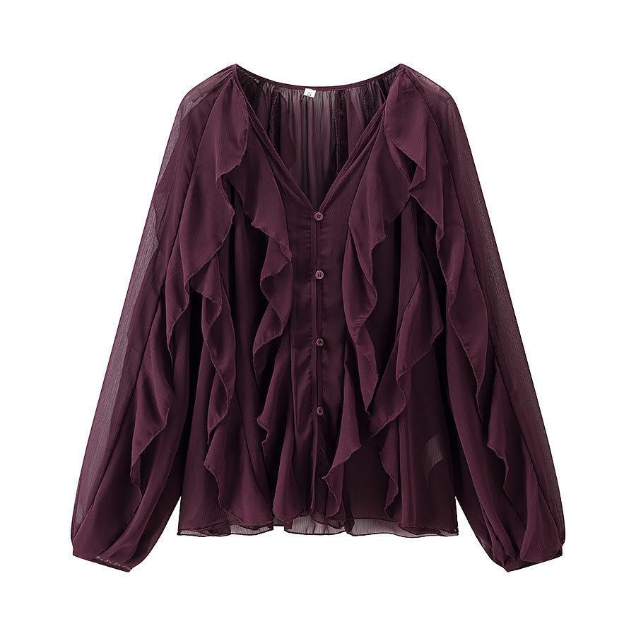Damen Voluminöse Chiffonbluse mit mehrlagigen Volants und Knopfverschluss Shop Nory