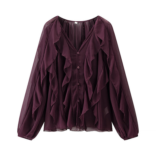 Damen Voluminöse Chiffonbluse mit mehrlagigen Volants und Knopfverschluss Shop Nory