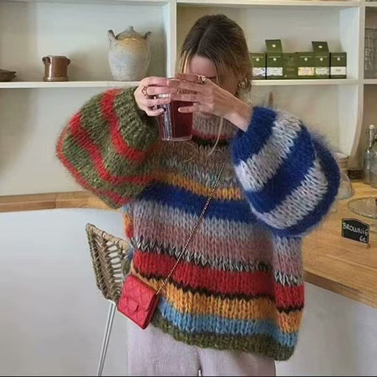 Damen Oversize-Strickpullover aus Mohairmix mit voluminösen Ballonärmeln und Blockstreifen Shop Nory
