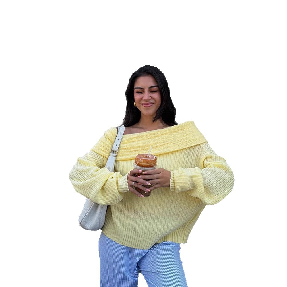 Damen Off-Shoulder Rippstrickpullover mit weitem Umschlagkragen Shop Nory