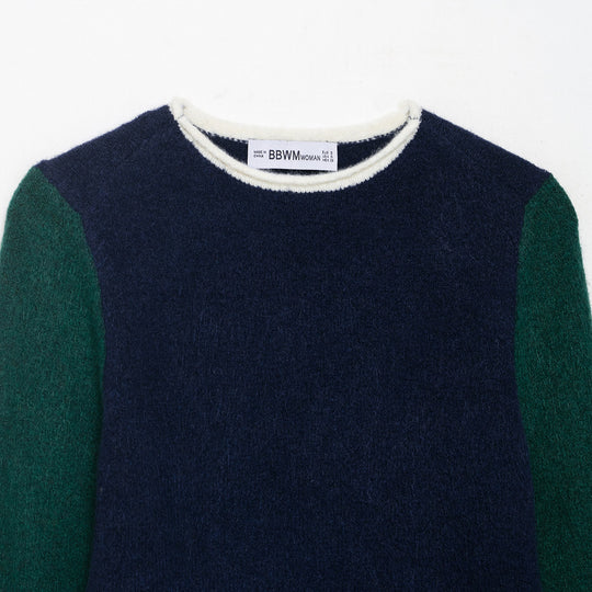 Damen Kuscheliger Colorblock-Pullover mit Rundhalsausschnitt und Kontrastärmeln Shop Nory