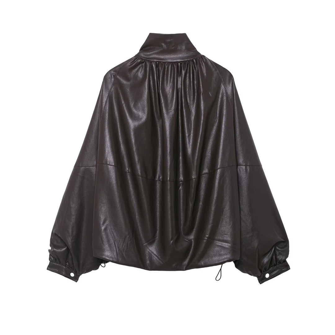 Damen Voluminöse Kunstleder-Capejacke mit hohem Stehkragen und Kordelzug Shop Nory