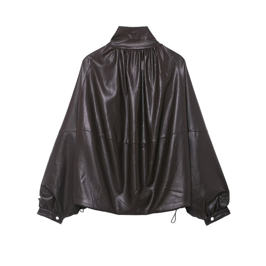 Damen Voluminöse Kunstleder-Capejacke mit hohem Stehkragen und Kordelzug Shop Nory
