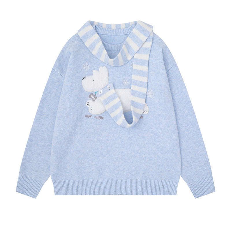 Damen Kuscheliger Strickpullover mit Eisbär-Applikation und eingearbeitetem Streifenschal Shop Nory