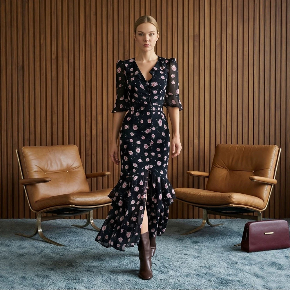 Damen Tailliertes Chiffon-Midikleid mit V-Ausschnitt, dreiviertel Ärmeln und Stufenvolant Shop Nory