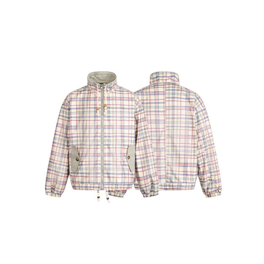 Damen Leicht wattierte karierte Boxy‑Bomberjacke mit Tunnelzugsaum, Holzperlenkordel und Pattentaschen Shop Nory