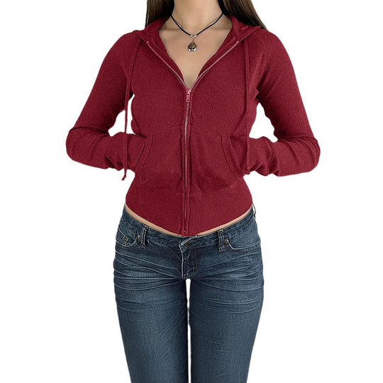 Damen nan schmal geschnittene Feinstrick-Hoodiejacke mit Metallzipper, Kängurutaschen und Daumenlochbündchen Shop Nory