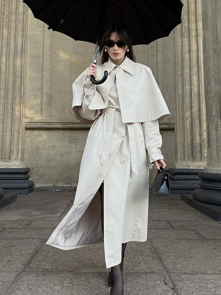 Damen Langer Taillierter Trenchcoat mit abnehmbarem Cape und Bindegürtel Shop Nory