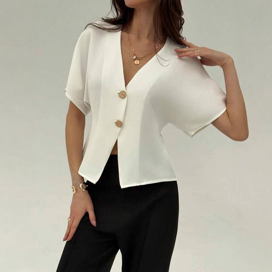 Damen Elegante V-Ausschnitt Bluse mit kurzen Kimonosärmeln und asymmetrischem Saum Shop Nory