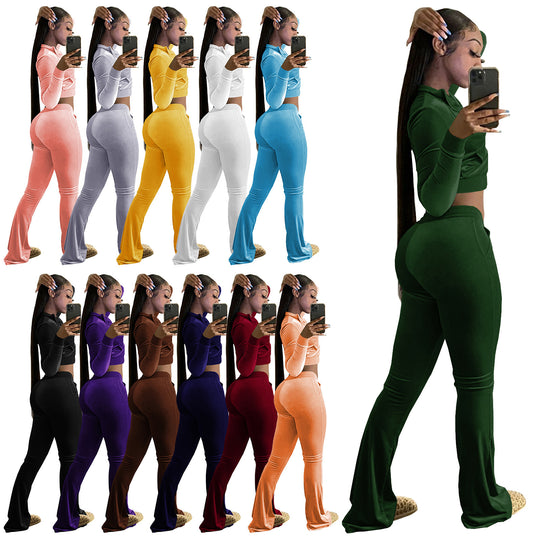 Damen Zwei-Teilige Samt Lounge Set mit Kurz-Frontreißverschluss Hoodie und Ausgestellten Palazzo Hosen EB