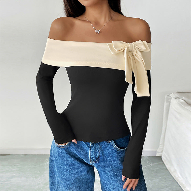 Damen Schulterfreies Langarm-Top mit weitem Umschlagkragen und Zierschleife Shop Nory