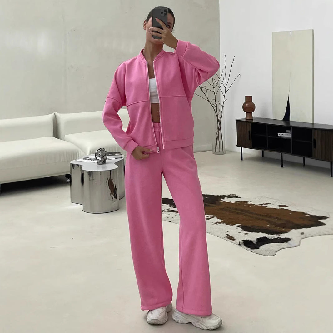 Damen lässiges Zip-Lounge-Set mit Stehkragen und weitem Highwaist-Joggpant Shop Nory