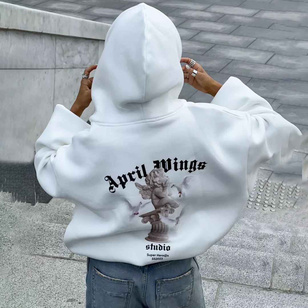 Damen oversized Kapuzenpullover mit Engels-Print und kunstvollem Rückendruck Shop Nory