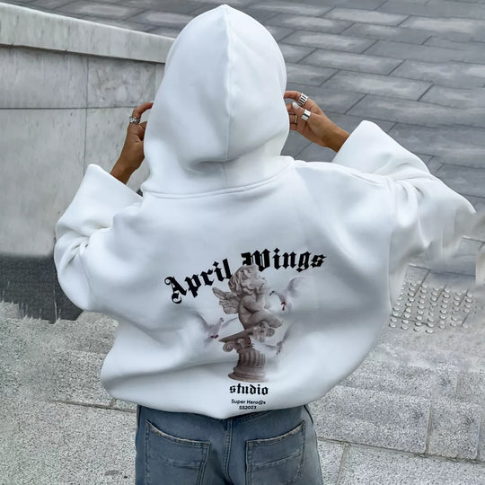 Damen oversized Kapuzenpullover mit Engels-Print und kunstvollem Rückendruck Shop Nory