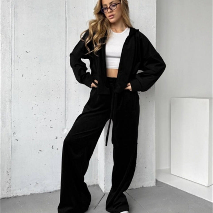Damen weicher Velours-Trainingsanzug mit Kapuze, Reißverschluss und weitem Bein Shop Nory