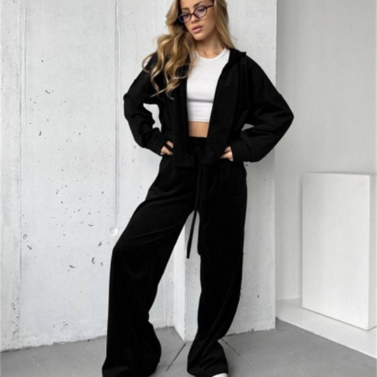 Damen weicher Velours-Trainingsanzug mit Kapuze, Reißverschluss und weitem Bein Shop Nory