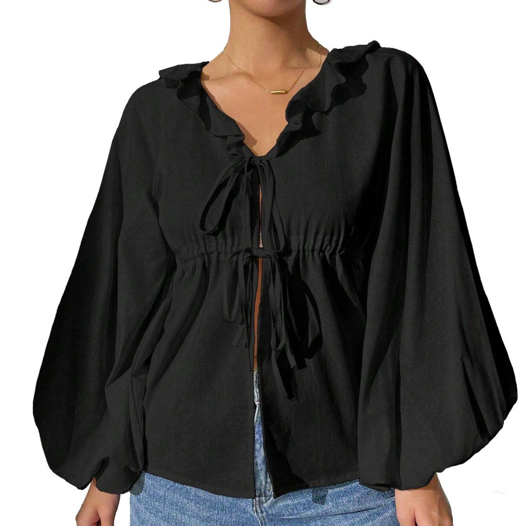 Damen lässige Rüschenbluse mit V‑Ausschnitt, Bindebändern und weiten Ballonärmeln Shop Nory