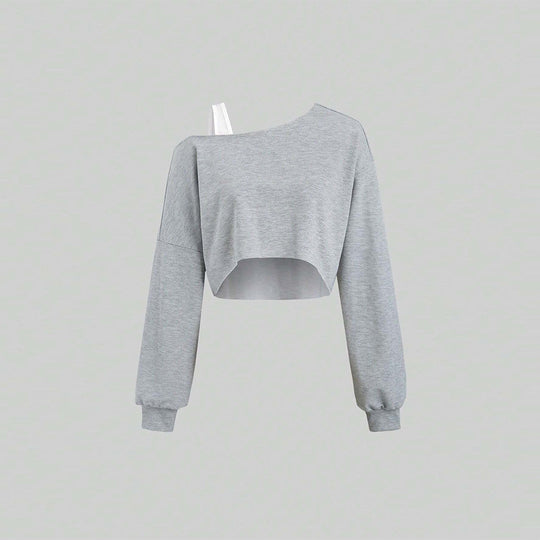 Damen cropped Off-Shoulder Sweatshirt mit einseitigem Träger, Ballonärmeln und Rippbündchen Shop Nory