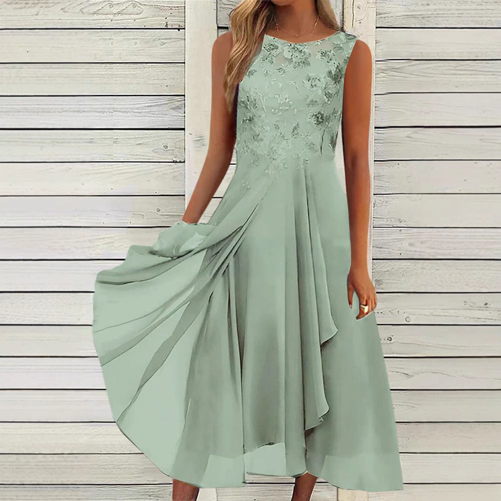 Damen nan ärmelloses Chiffon-Midikleid mit bestickter Brustpartie und asymmetrischem Lagenrock