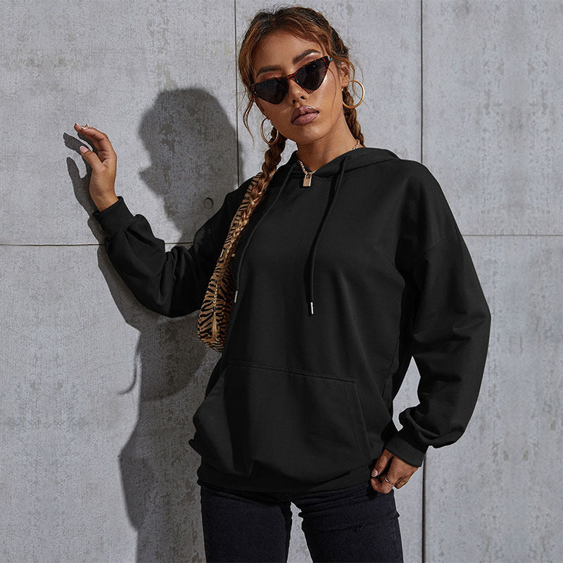 Damen Lässiger Oversize-Kapuzenpullover mit Statement-Print, Kängurutasche und Rippbündchen Shop Nory