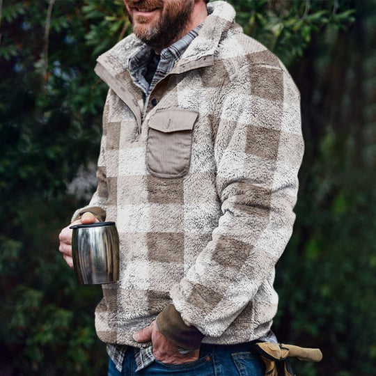 Herren Fleece-Pullover mit Karomuster und Hohem Kragen