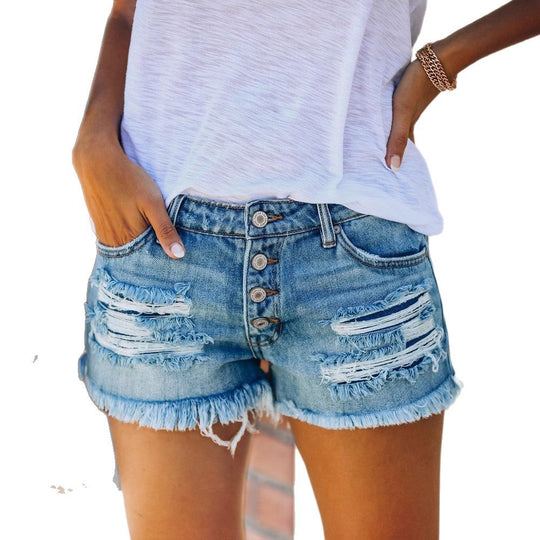 Damen Jeansshorts im trendigen Destroyed-Design mit fransigem Saum
