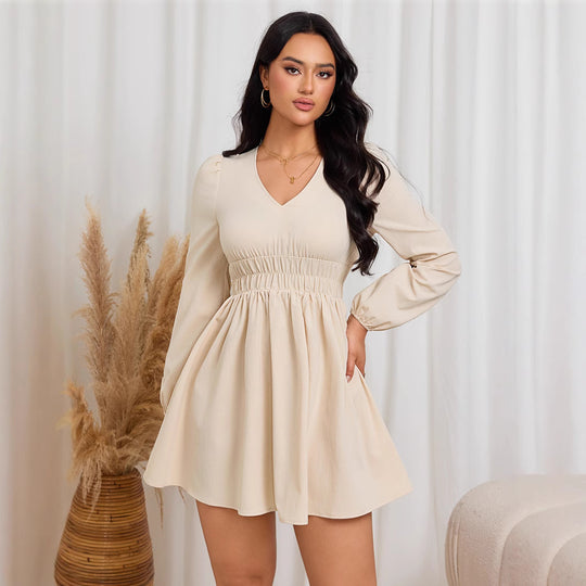 Damen gerafftes Skater-Minikleid mit V-Ausschnitt Smok-Taillenband und ballonärmeln Shop Nory