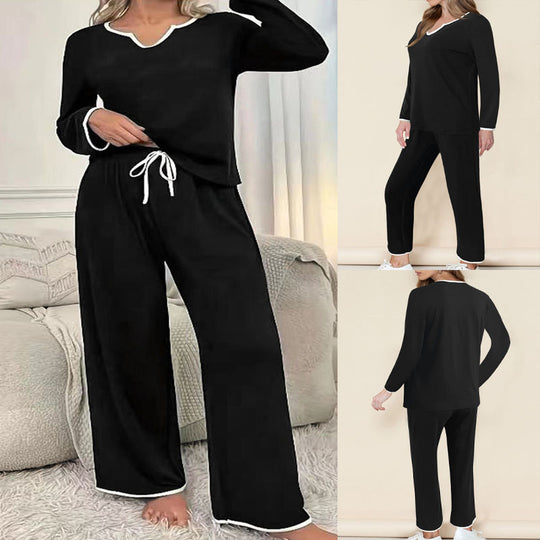 Damen Zweiteiliges Lounge-Set aus weichem Jersey mit V‑Ausschnitt, Langarm-Oberteil und weitem Palazzohosenbein Shop Nory