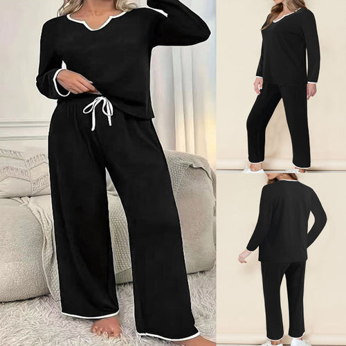 Damen Zweiteiliges Lounge-Set aus weichem Jersey mit V‑Ausschnitt, Langarm-Oberteil und weitem Palazzohosenbein Shop Nory